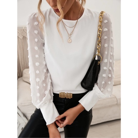 Tops - LAST 1 🖤 swiss dot sheer long sleeve blouse keyhole back white